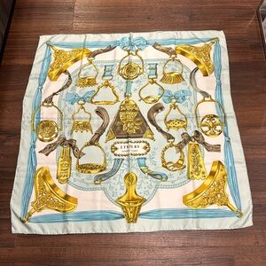 Hermes F. De La Perriere Imperial Blue with Gold Silk Jacquard Scarf.